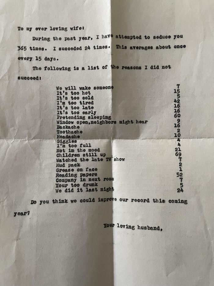 Cleaning out my grandmothers old house and found this absolute gem written to her by my grandfather some time in the 50s