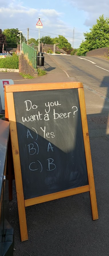 British pub sign - asking the important questions (The pub in question is owned by English actor, voice actor, singer and businessman Neil Morrissey)