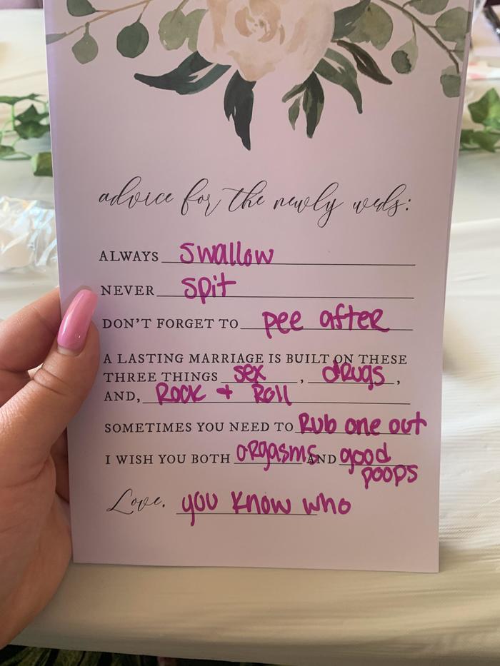 I went to a bridal shower and they handed out cards to write advice to the newlyweds…