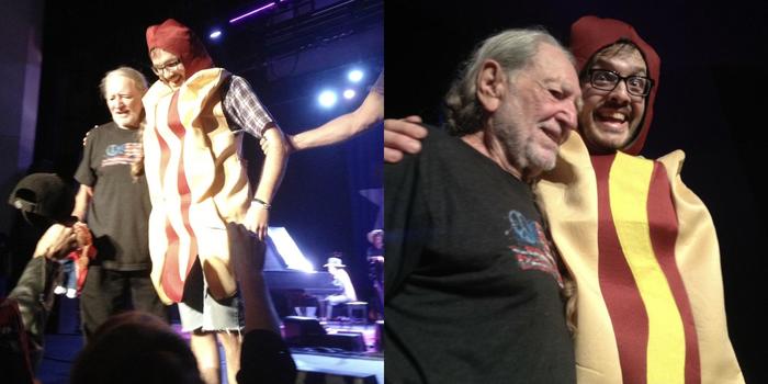 A few years ago I wrangled my way on stage at a Willie Nelson show to get this pic. A friend toured with Willie a while after this and I asked her to see if he remembered it. His exact quote “I may get high everyday but there’s no way in hell I’d forget a 6 foot hotdog.”