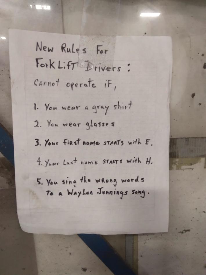 Very specific forklift rules at work