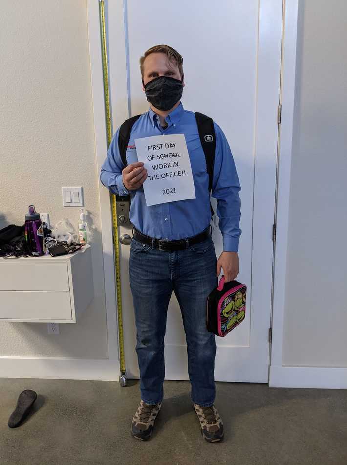 A picture to commemorate my husband's first day of his office reopening. They grow up so fast. 😢