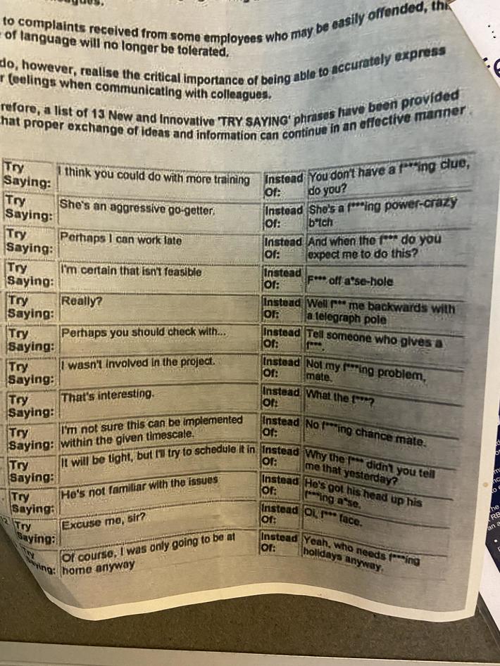 A real list of “Try” phrases at my work, that a real person had type up, at a real well established company
