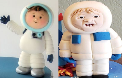 My son turned 1 yesterday. This was the topper to his space themed cake. Left is what we ordered, right is what we got.