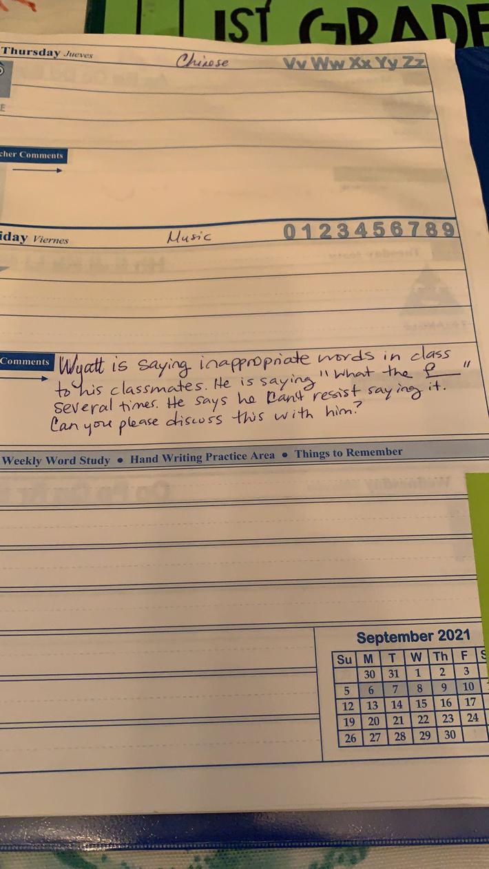 My six-year-old nephew got in trouble at school today. I feel his pain, I can’t resist saying it either.