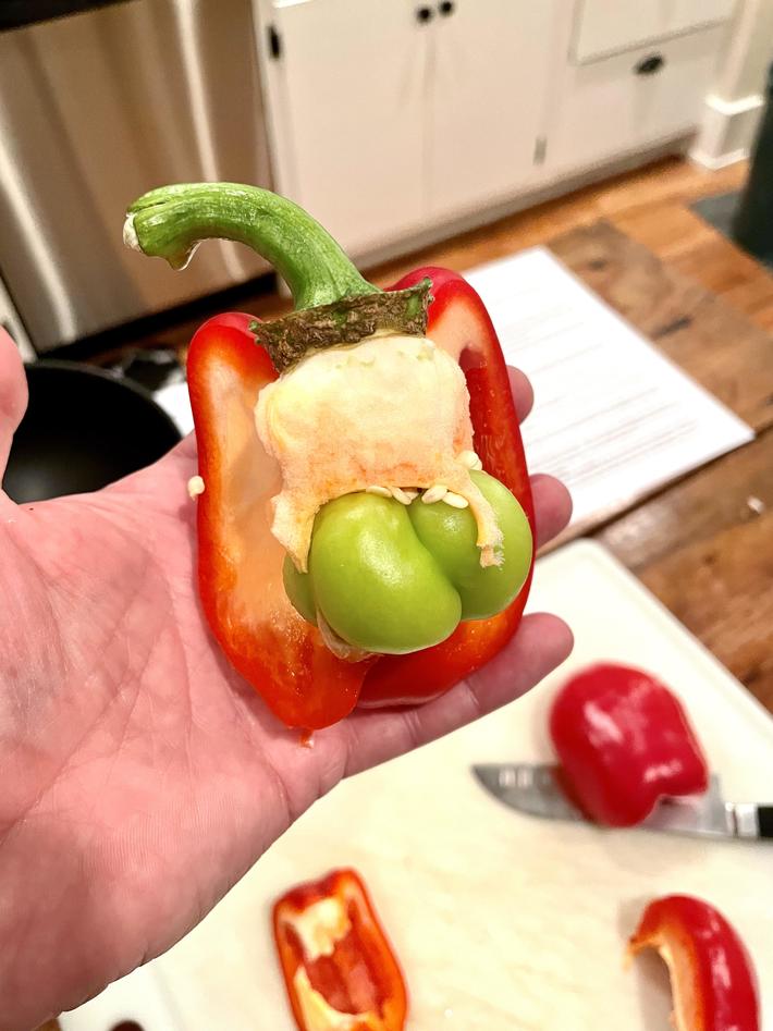 My red bell pepper had a little green bell pepper inside of it. Thank God I wasn’t cooking in Texas.