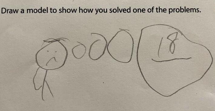 Friend’s 9 year-old nephew was asked to show his work or to describe how he got his answer. His reply: “just use my brain” and drew this to show his work.