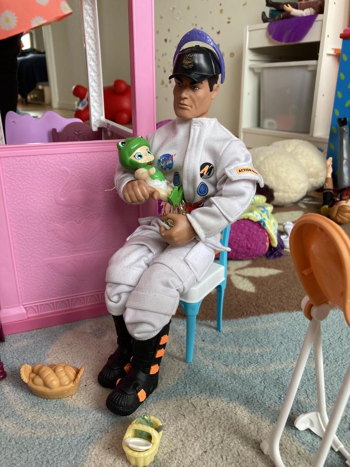 My kids inherited my childhood toys, and only my daughter wants to play with “dolls”. Action Man is now loving the sweet life