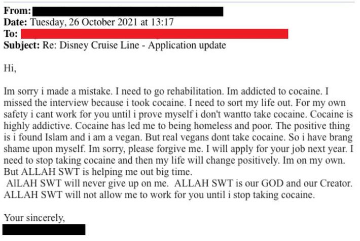 An actual email my cousin received, explaining why they missed an interview