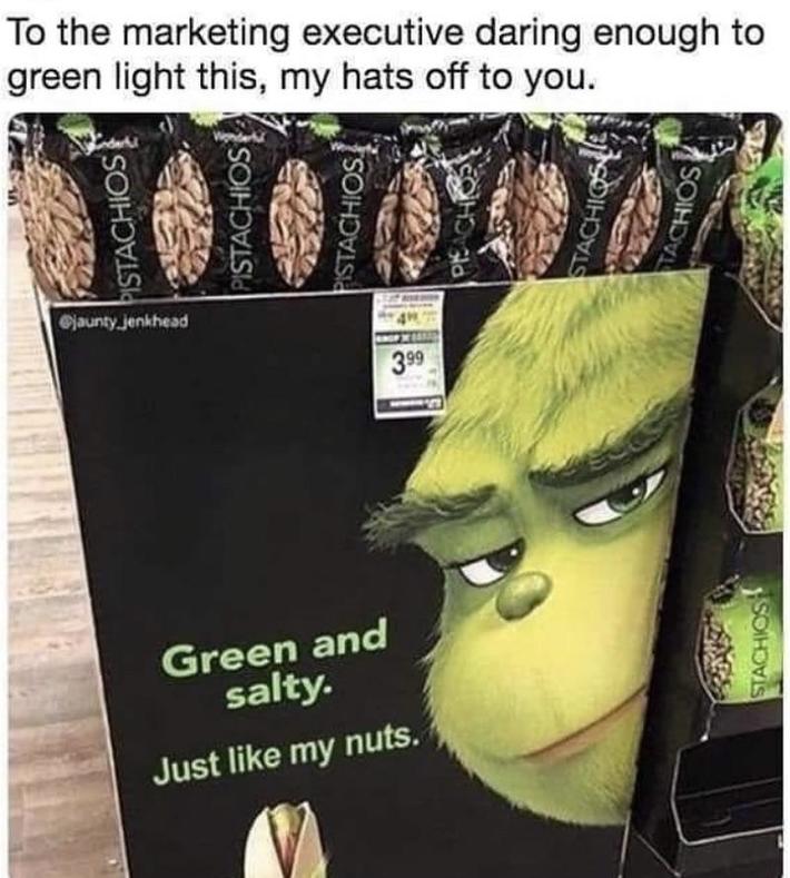 A pistachio walks into a grocery store and feels in-salted.
