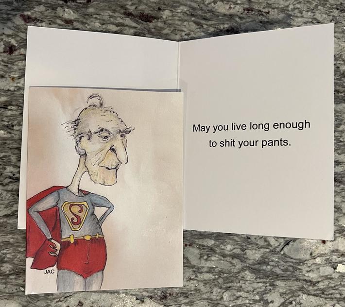 My mother sketches while watching TV. She turns her favorites into little printed greeting cards for family. Here is what she was using for birthdays a couple years ago.