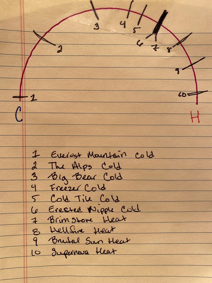 Staying at an AirBnB and my fiancé made me a temperature gauge for the shower