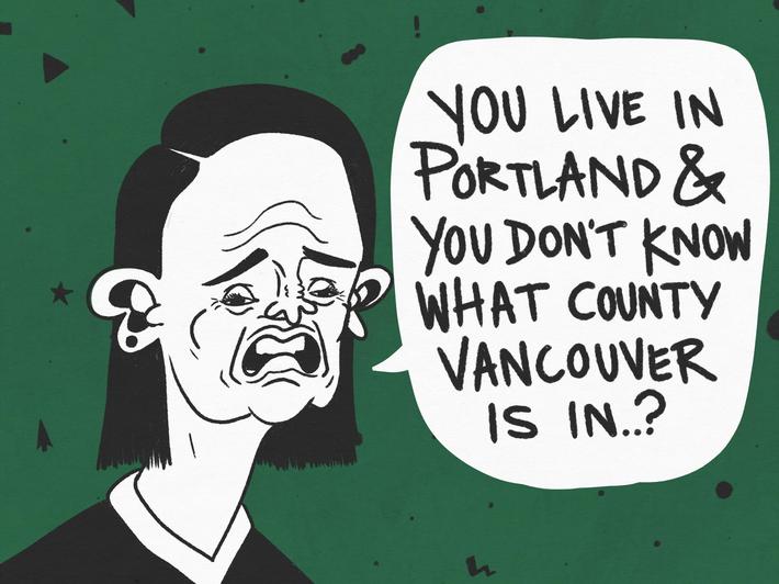 I work at a call center. Sometimes I like to draw my callers. Here’s Brenda, from today, after I asked what county she was in. (Vancouver and Portland are across the river from each other.)