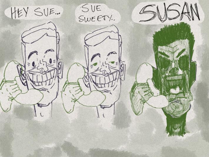 I work at a call center. Sometimes I like to draw my callers. Here’s the evolution of Keith from today, trying to get his wife’s attention in the background.