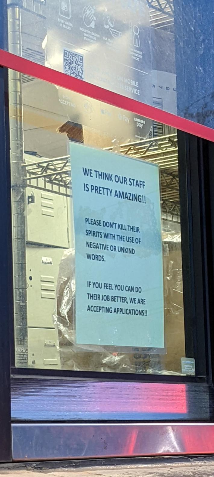On the drive up window to a local fast food restaurant.
