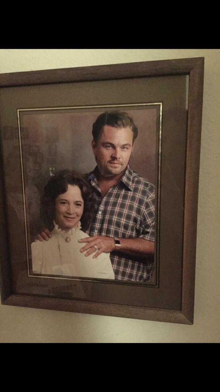 Photoshop pre-computer era: elderly woman covers ex’s face with Leonardo D.