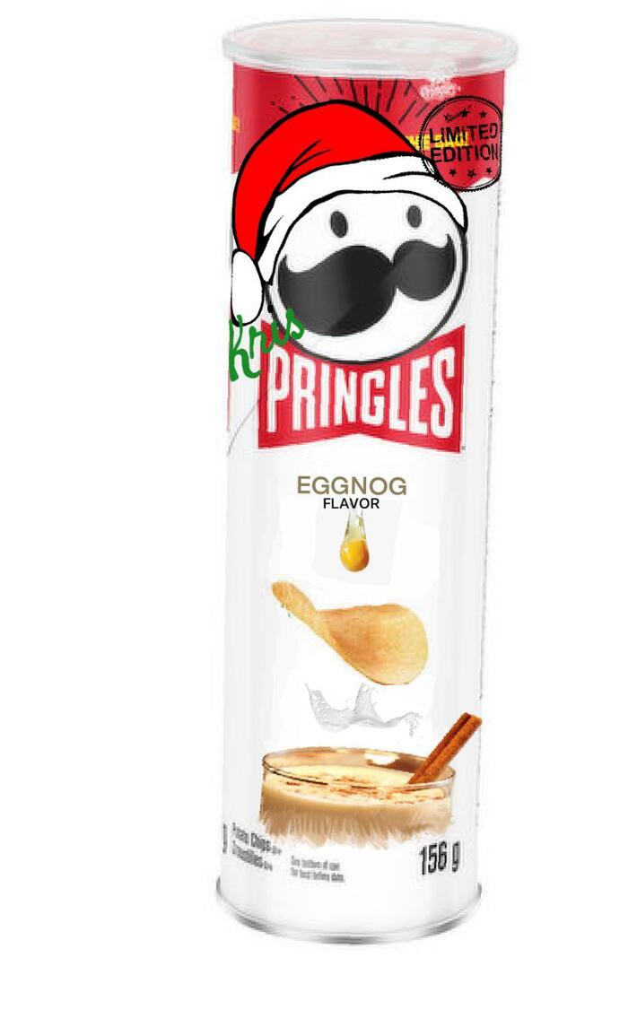 My 10 year old daughter’s concept pitch for a novelty Pringles flavor: eggnog! “Kris Pringles” is a nice touch too 😂 photoshopped it herself!