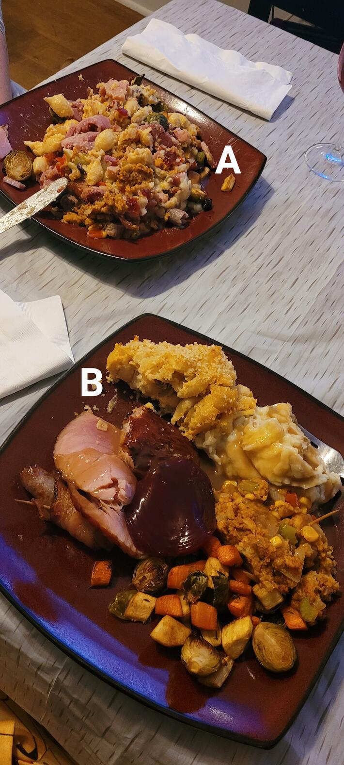 How my wife (A) and I (B) eat our Thanksgiving dinner, whose side is Reddit on?