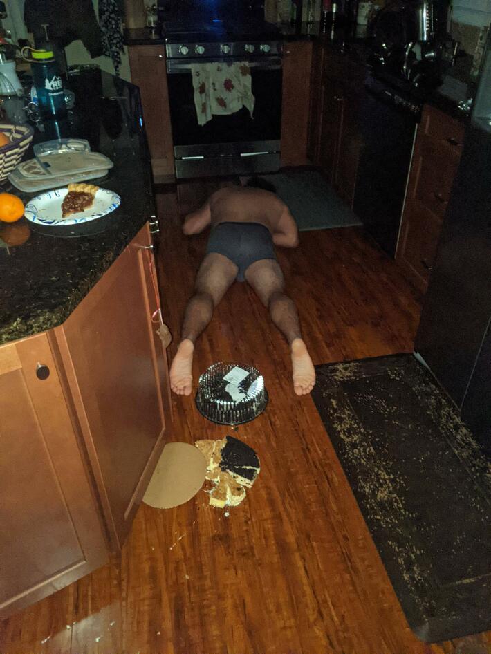 My brother decided to sneak some cheese cake late last night. I heard a crash and came out to this.