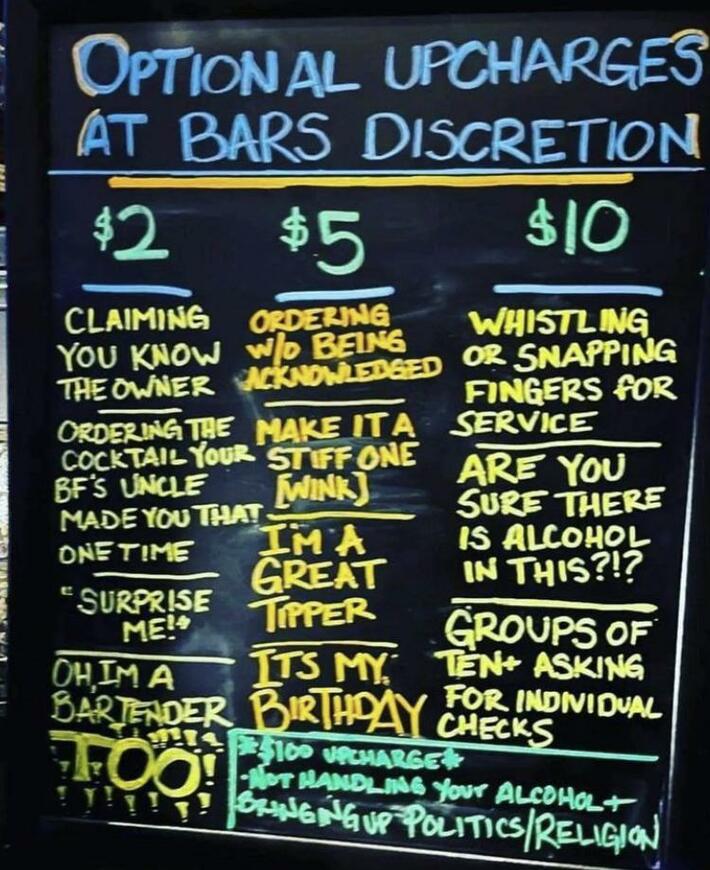 These optional upcharges at the bar’s discretion