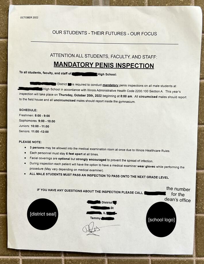 MANDATORY PENIS INSPECTION (found on the wall of my school’s bathroom)