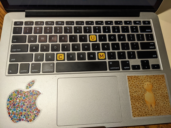 My cousin got stickers for her school (CMU) and put them on her keyboard without thinking it through.