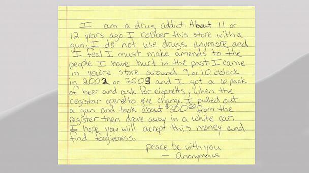 A thief who stole about $300 from a market in Nashville returned the money to the market's owner in an envelope with a note looking to "make amends" more than a decade after the fact.