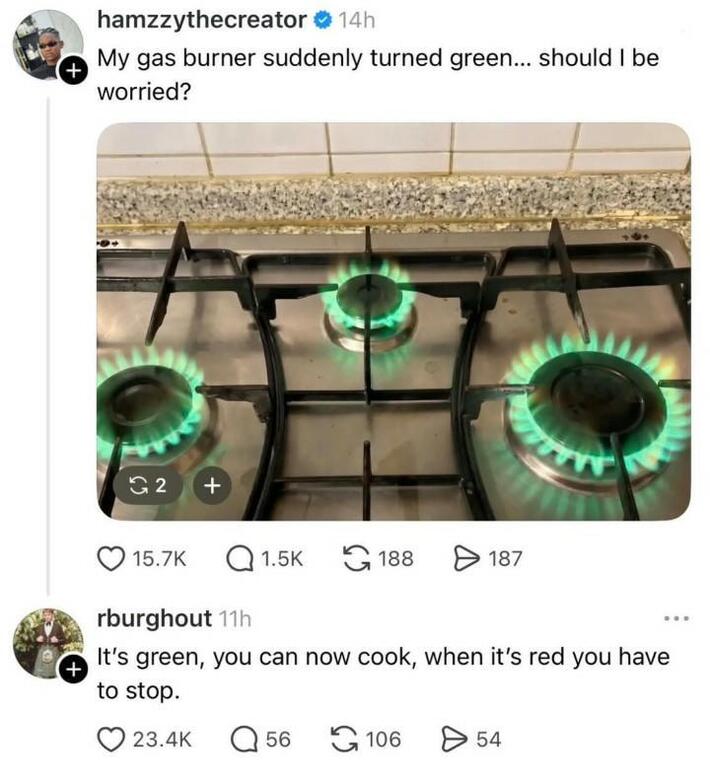 Bro unlocked traffic light mode on the stove 💀🔥