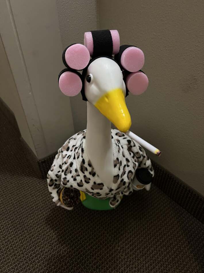 A neighbor has a plastic goose they occasionally dress up